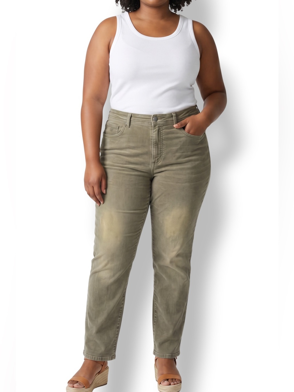 4/$20 Gloria Vanderbilt Amanda Olive Green Straight Leg Faded Wash Jeans 16